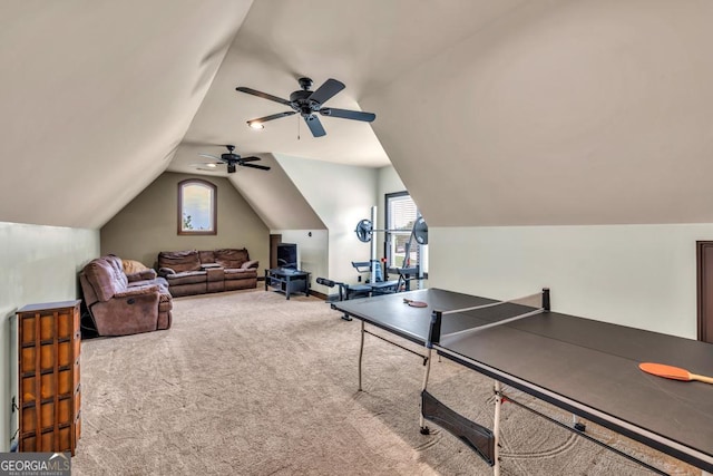 401 Sara Ct, Loganville, GA 30052 - playroom with ceiling fan, carpet, a wealth of natural light, and lofted ceiling