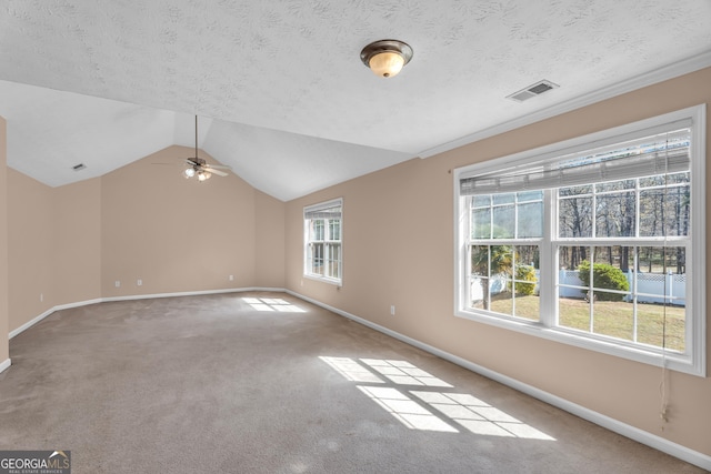 362 Interlake Pass, Mcdonough, GA 30252 - carpeted spare room featuring baseboards, a ceiling fan, vaulted ceiling, and a textured ceiling