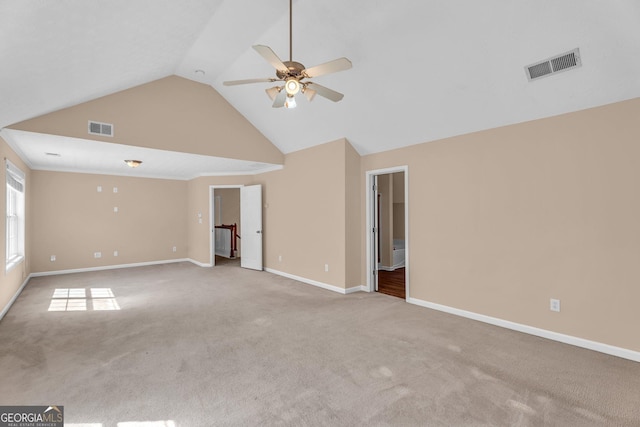 362 Interlake Pass, Mcdonough, GA 30252 - unfurnished room with a ceiling fan, carpet floors, baseboards, and high vaulted ceiling