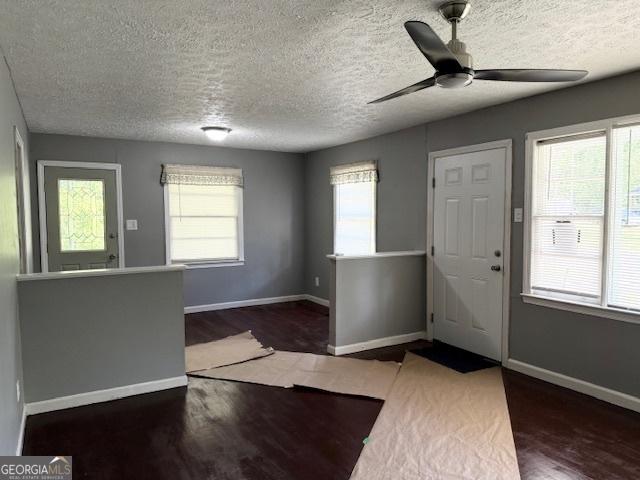 foyer with a textured ceiling, wood finished floors, a ceiling fan, healthy amount of natural light, and baseboards