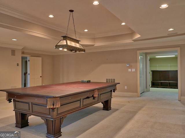 playroom with recessed lighting, crown molding, baseboards, and light carpet
