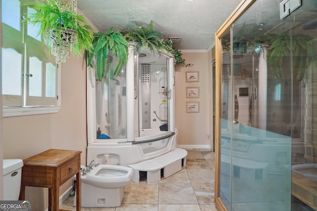 1009 Liberty Church Rd NE, Ranger, GA 30734 - full bath with toilet, a stall shower, a bidet, a textured ceiling, and ornamental molding