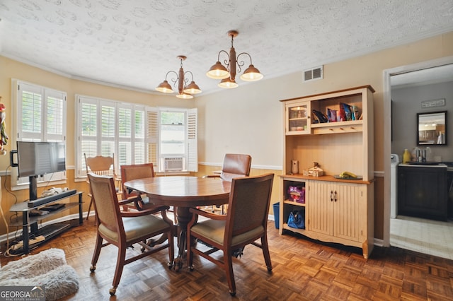 1009 Liberty Church Rd NE, Ranger, GA 30734 - dining area with a chandelier, ornamental molding, a textured ceiling, cooling unit, and baseboards