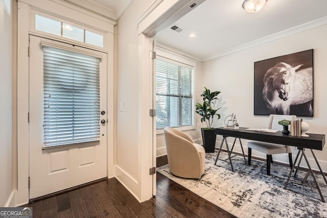 3699 School St, Chamblee, GA 30341 - home office featuring ornamental molding, dark wood-style floors, and recessed lighting