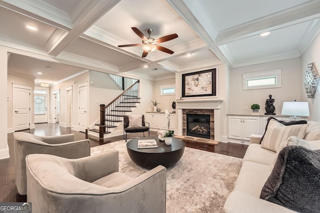 3699 School St, Chamblee, GA 30341 - living room with dark wood-type flooring, stairs, ornamental molding, beam ceiling, and a ceiling fan