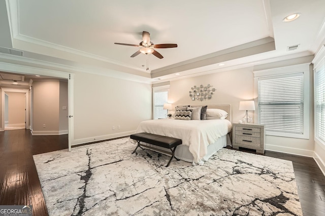 3699 School St, Chamblee, GA 30341 - bedroom with a raised ceiling, ornamental molding, dark wood-style flooring, recessed lighting, and ceiling fan