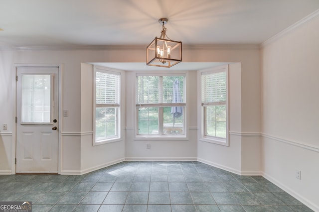 3987 Ivory Gables Pl, Buford, GA 30519 - unfurnished dining area featuring healthy amount of natural light, a chandelier, baseboards, ornamental molding, and tile patterned floors