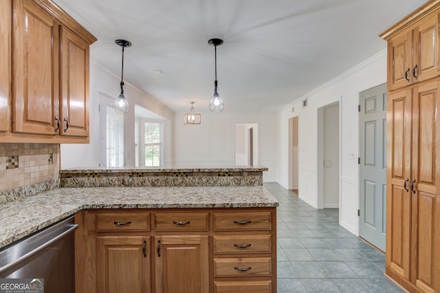 3987 Ivory Gables Pl, Buford, GA 30519 - kitchen with stainless steel dishwasher, tile patterned flooring, tasteful backsplash, a peninsula, and hanging light fixtures