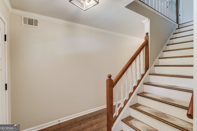 3987 Ivory Gables Pl, Buford, GA 30519 - stairs with ornamental molding, wood finished floors, and baseboards
