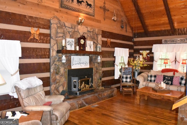 6503 Old Macon Hwy, Rex, GA 30273 - living room with wood ceiling, wood finished floors, lofted ceiling with beams, and wood walls