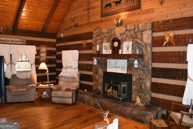 6503 Old Macon Hwy, Rex, GA 30273 - living room featuring wooden walls, wooden ceiling, vaulted ceiling with beams, and wood finished floors