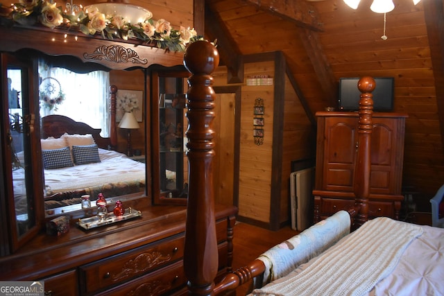 6503 Old Macon Hwy, Rex, GA 30273 - bedroom with wood walls, wood finished floors, lofted ceiling, and wood ceiling