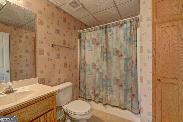 bathroom with visible vents, wallpapered walls, toilet, and vanity