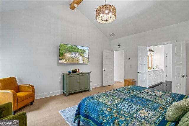 bedroom featuring high vaulted ceiling, wood finished floors, beamed ceiling, a notable chandelier, and visible vents