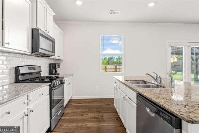 kitchen with appliances with stainless steel finishes, a sink, ornamental molding, healthy amount of natural light, and tasteful backsplash