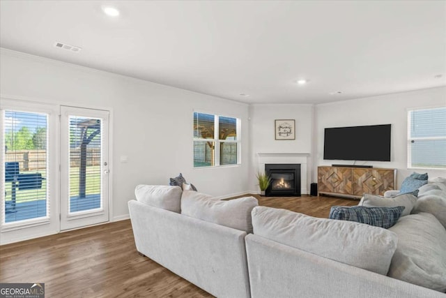 living room with crown molding, a glass covered fireplace, recessed lighting, and wood finished floors