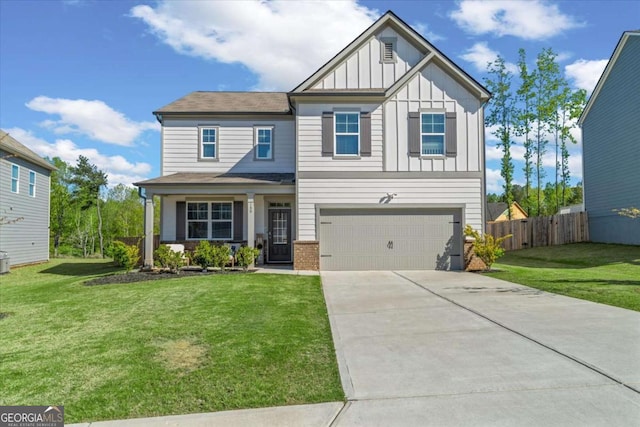 craftsman house featuring board and batten siding, driveway, a garage, and brick siding