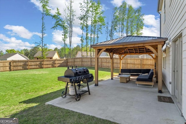 view of patio / terrace with a gazebo, area for grilling, and outdoor lounge area