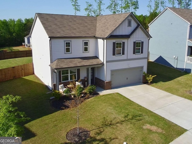 view of front facade with board and batten siding, driveway, a garage, and roof with shingles