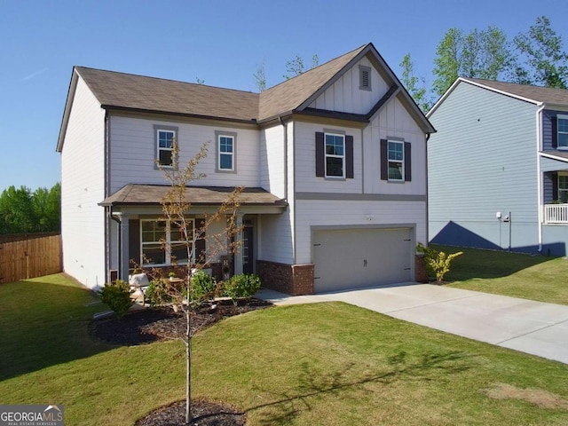 craftsman house with board and batten siding, a garage, driveway, a porch, and brick siding