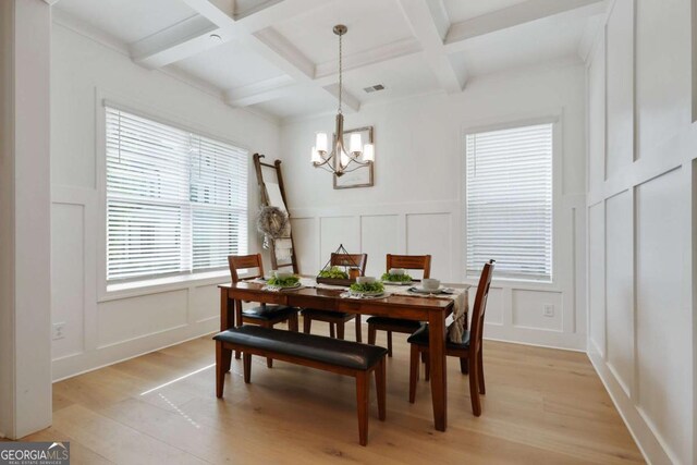 dining area with light wood-type flooring, a chandelier, coffered ceiling, beamed ceiling, and a decorative wall