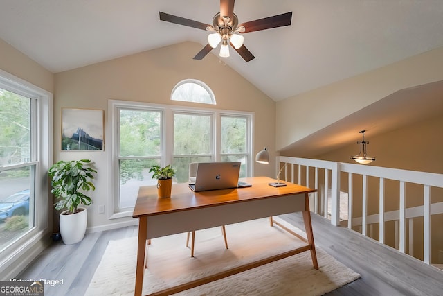 1206 Canyon Point Cir, Roswell, GA 30076 - office area with baseboards, vaulted ceiling, a ceiling fan, and light wood-style flooring