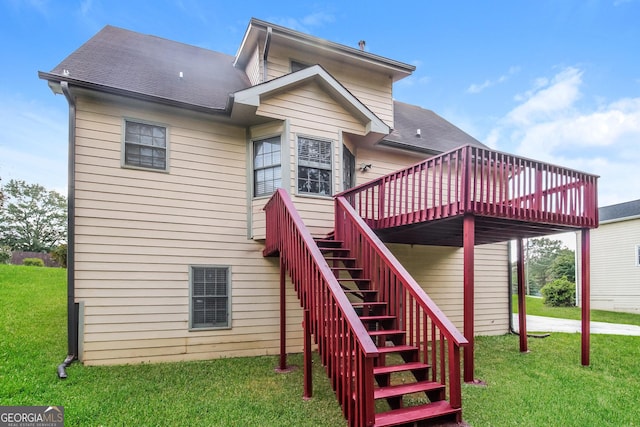 6024 S Deshon Ct, Lithonia, GA 30058 - rear view of property with a wooden deck, stairs, a lawn, and a shingled roof