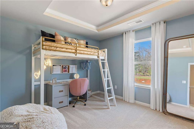 bedroom with visible vents, carpet, a raised ceiling, and ornamental molding