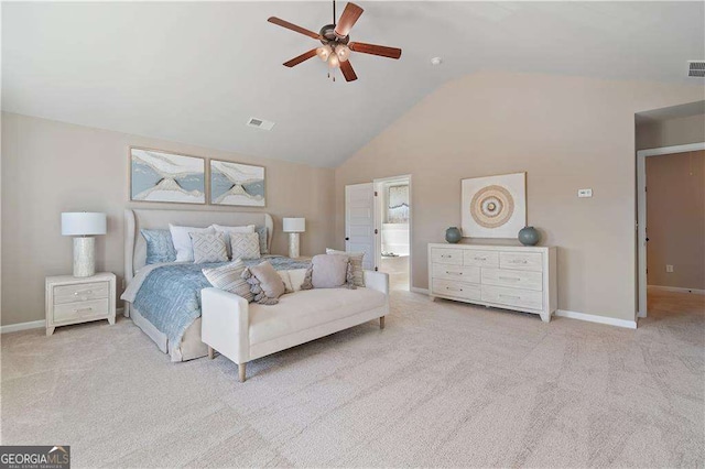 carpeted bedroom featuring baseboards, a ceiling fan, visible vents, and high vaulted ceiling