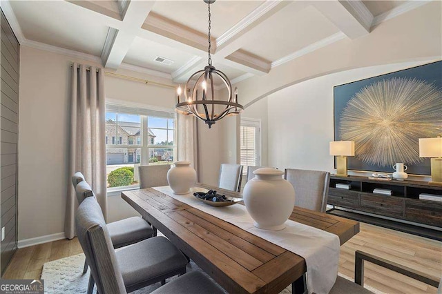 dining area with an inviting chandelier, visible vents, coffered ceiling, and beamed ceiling
