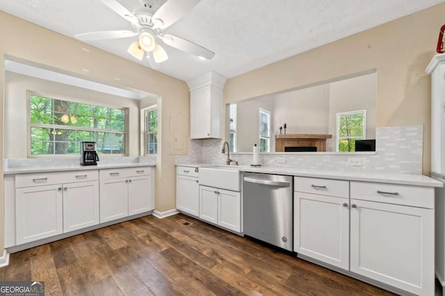 kitchen with light countertops, tasteful backsplash, stainless steel dishwasher, and a sink