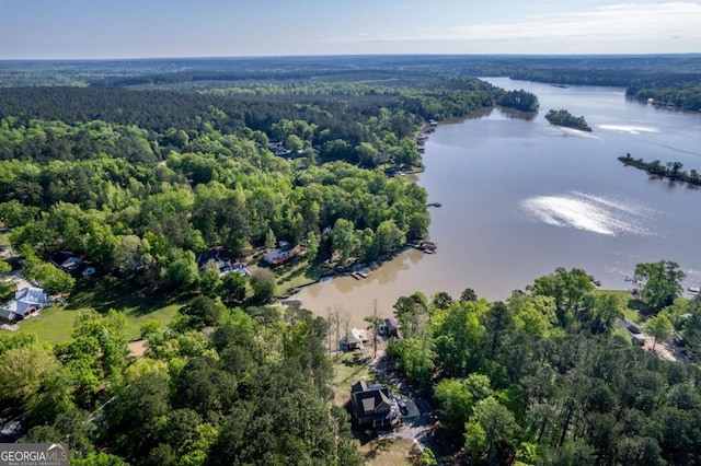drone / aerial view with a forest view and a water view