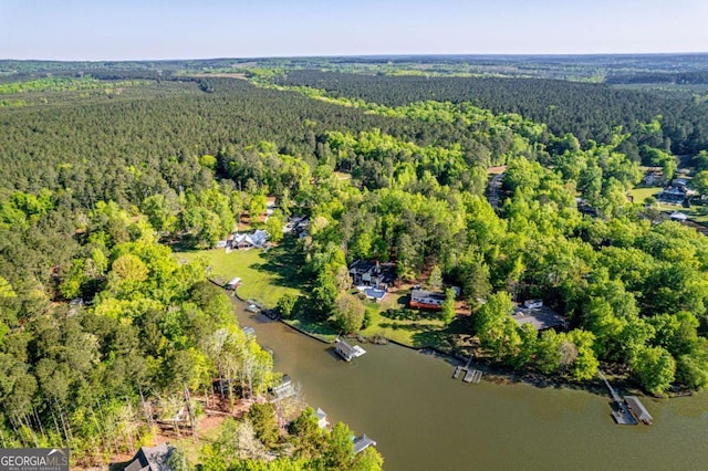 bird's eye view with a wooded view and a water view