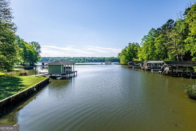 water view featuring a boat dock and boat lift