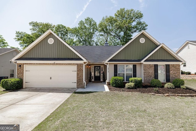view of front of property with board and batten siding, an attached garage, and brick siding