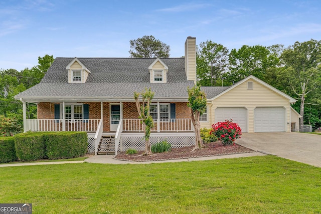 1320 Pinyon Pl, Lawrenceville, GA 30043 - cape cod-style house with a porch, an attached garage, concrete driveway, a front lawn, and a chimney