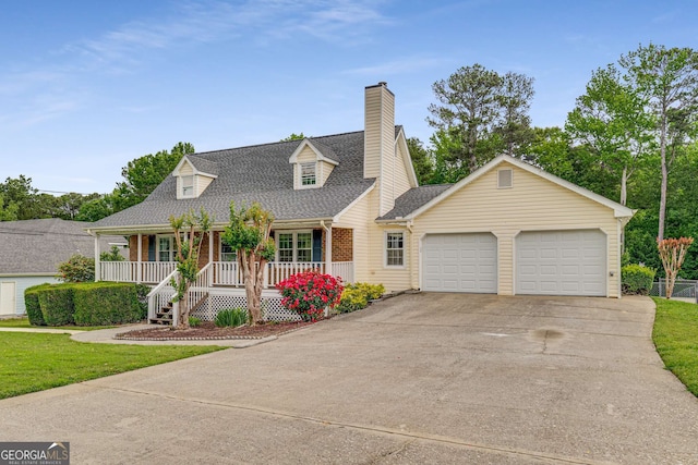 1320 Pinyon Pl, Lawrenceville, GA 30043 - cape cod house featuring a garage, a chimney, roof with shingles, a porch, and driveway