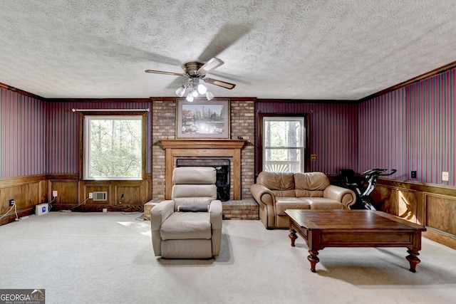 5800 S Richland Creek Rd, Buford, GA 30518 - carpeted living area with ceiling fan, a wealth of natural light, wood walls, and a textured ceiling