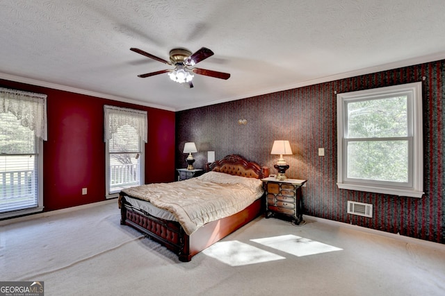 5800 S Richland Creek Rd, Buford, GA 30518 - bedroom featuring a textured ceiling, carpet, visible vents, and ornamental molding