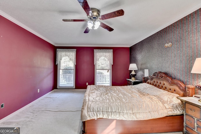 5800 S Richland Creek Rd, Buford, GA 30518 - bedroom with carpet floors, crown molding, baseboards, and a ceiling fan