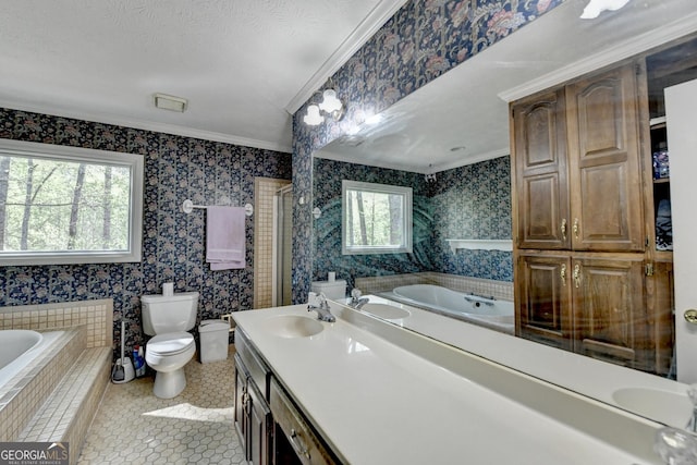 5800 S Richland Creek Rd, Buford, GA 30518 - full bathroom with a garden tub, toilet, vanity, and ornamental molding