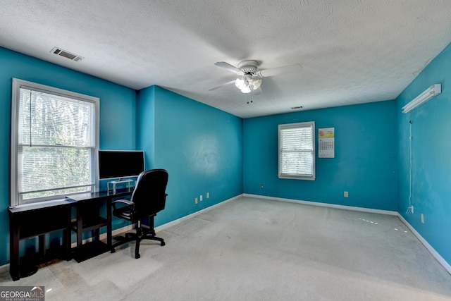 5800 S Richland Creek Rd, Buford, GA 30518 - carpeted office space featuring baseboards, a ceiling fan, a textured ceiling, and visible vents