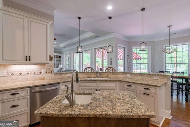 kitchen with decorative backsplash, stainless steel dishwasher, wood finished floors, and a sink