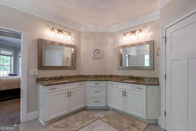 full bathroom with crown molding, a sink, and double vanity