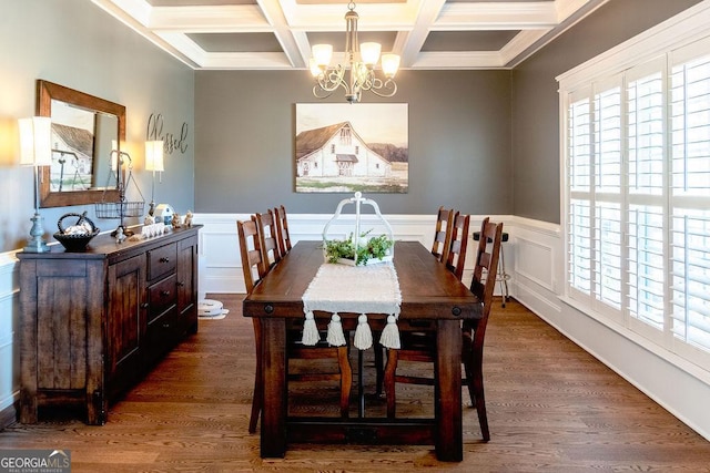 dining space featuring wood finished floors, coffered ceiling, a notable chandelier, and beamed ceiling