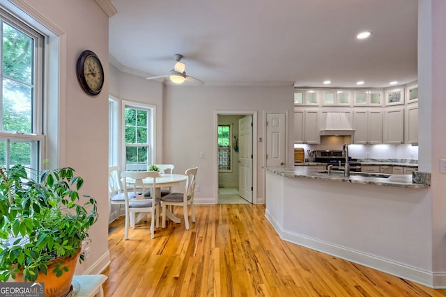 327 Kissimmee Trl, Cornelia, GA 30531 - kitchen with custom exhaust hood, baseboards, light wood-type flooring, glass insert cabinets, and ceiling fan