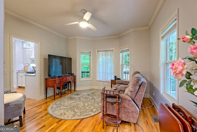 327 Kissimmee Trl, Cornelia, GA 30531 - living area featuring light wood-type flooring, ceiling fan, baseboards, and crown molding