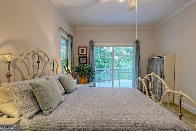 327 Kissimmee Trl, Cornelia, GA 30531 - carpeted bedroom featuring access to exterior, ornamental molding, ceiling fan, and baseboards