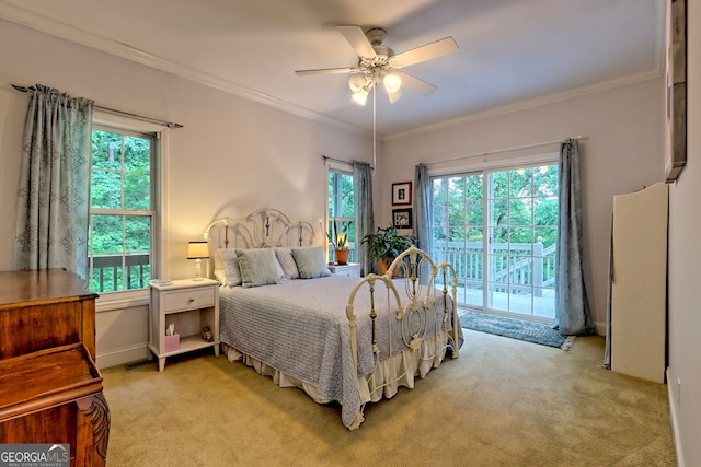 327 Kissimmee Trl, Cornelia, GA 30531 - bedroom with access to exterior, light colored carpet, multiple windows, ornamental molding, and a ceiling fan