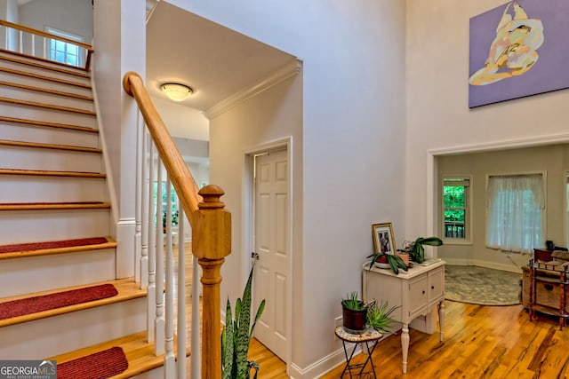 327 Kissimmee Trl, Cornelia, GA 30531 - stairs featuring wood finished floors, a towering ceiling, and baseboards